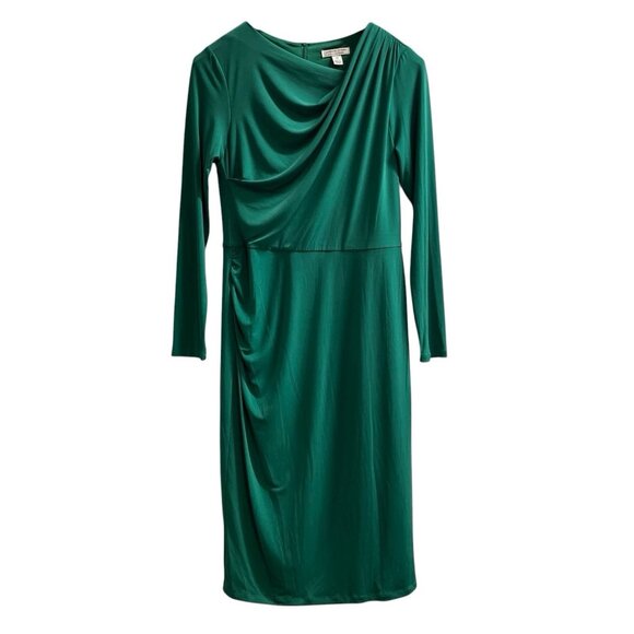 London Times Dress Womens 10 Green Jersey Knit Ruched Side Midi Holiday Event - Picture 1 of 10
